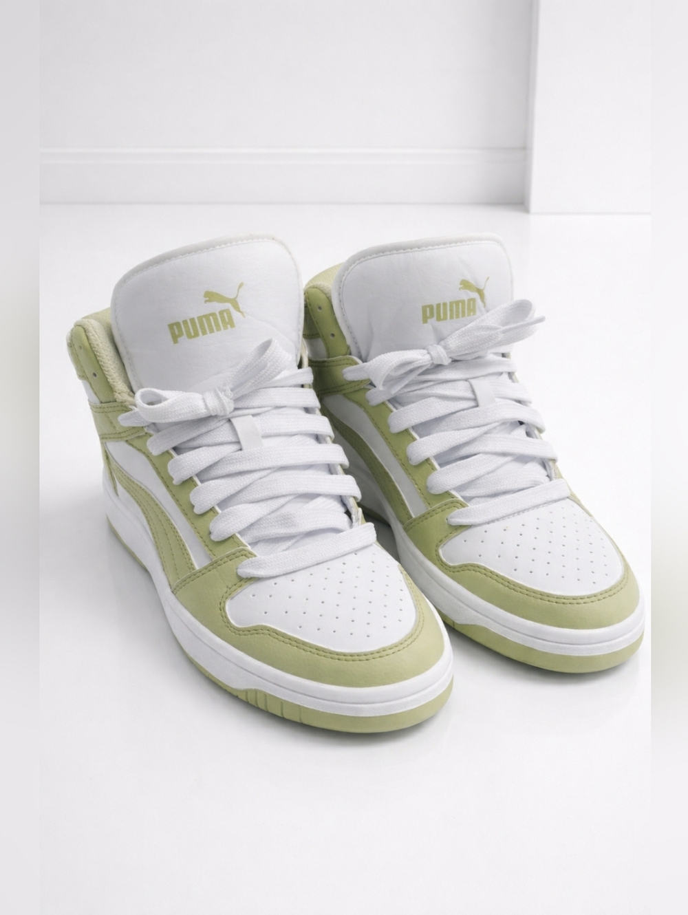 Puma White and Pale Green Mid-Top Sneakers